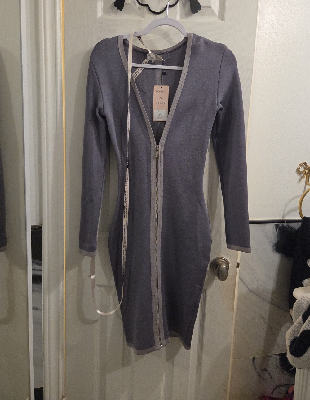 House Of CB Long Sleeve Zip-Front Knit Dress in Gray
